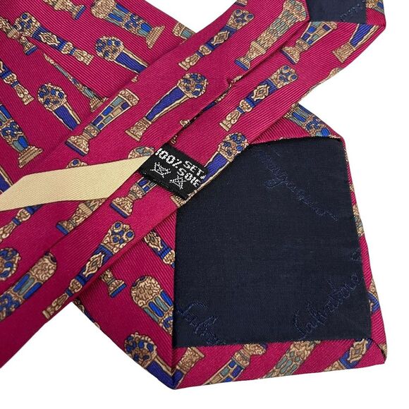 Salvatore Ferragamo Mens Tie Vases Wine Red & Blue Silk 3.5" (W) x 56.5" (L) guc - Picture 7 of 12